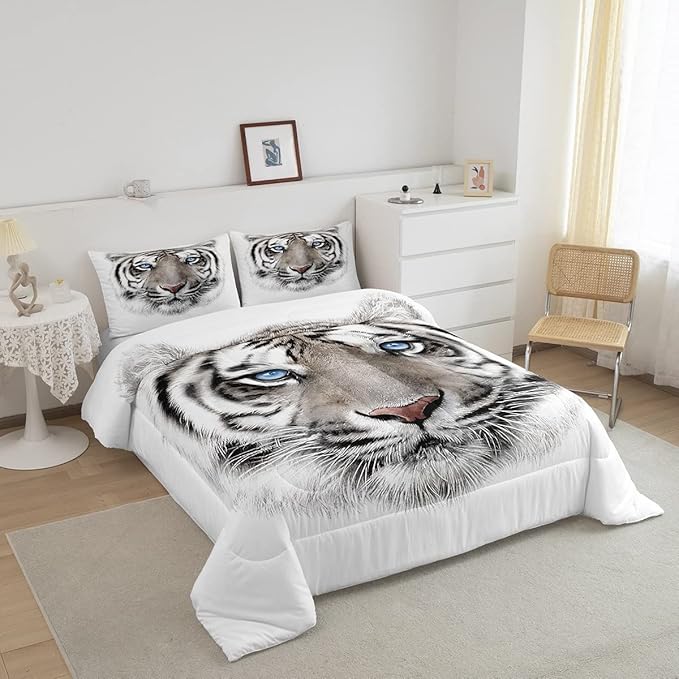 Erosebridal Boys Tiger Comforter Set King Size, Wild Animal Print Down Comforter for Boys Girls Teens Adult Bedroom, Grey Tiger Skin Duvet Insert Black White Stripe Bedding Comforters for Bedroom