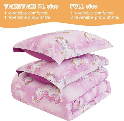 Unicorn Kids Comforter Set for Girls Twin, Cute Reversible Quilted Lavender Printed Bedding Set with Pillow Sham, Lightweight Soft Breathable Machine Washable Bed Set 2 Piece