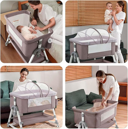 4 in 1 Baby Bassinet, Rocking Bassinets Bedside Sleeper with Comfy Mattress and Wheels, Height Adjustable Easy Folding Portable Bedside Crib for Newborn Infant,Khaki