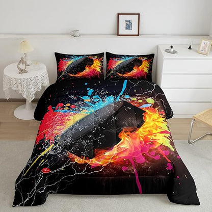 Erosebridal Hockey Bedding Set for Teen Boys Kids Winter Sports Full Comforter Set Grunge Hippie Tie Dye Ball Bed Comforter Sets Red Blue Fire and Water Lightning Quilt Duvet Insert 2 Pillow Cases