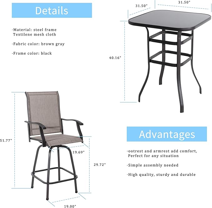 Shintenchi Patio Swivel Bar Set, All Weather Textile Fabric Outdoor High Stool Bistro Set with 2 Bar Chairs and Glass Table for Home, Backyard, Garden, Lawn, Porch (Brown), 3 Pieces