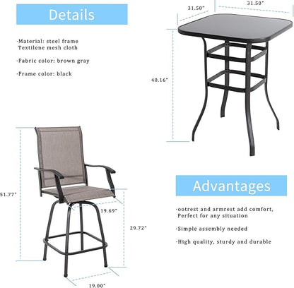 Shintenchi Patio Swivel Bar Set, All Weather Textile Fabric Outdoor High Stool Bistro Set with 2 Bar Chairs and Glass Table for Home, Backyard, Garden, Lawn, Porch (Brown), 3 Pieces