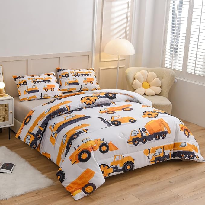 NTBED Construction Truck Comforter Set for Boys Kids Vehicles Excavator Cars Lightweight Microfiber Bedding Sets (White,Full)