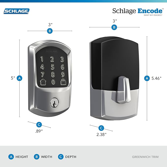 Schlage Encode Smart WiFi Deadbolt Lock for Front Door - Keyless Entry with App or Touchscreen - Works with Alexa, Apple HomeKit, Hey Google, & Airbnb - Create Codes for Guests - Bright Chrome Silver