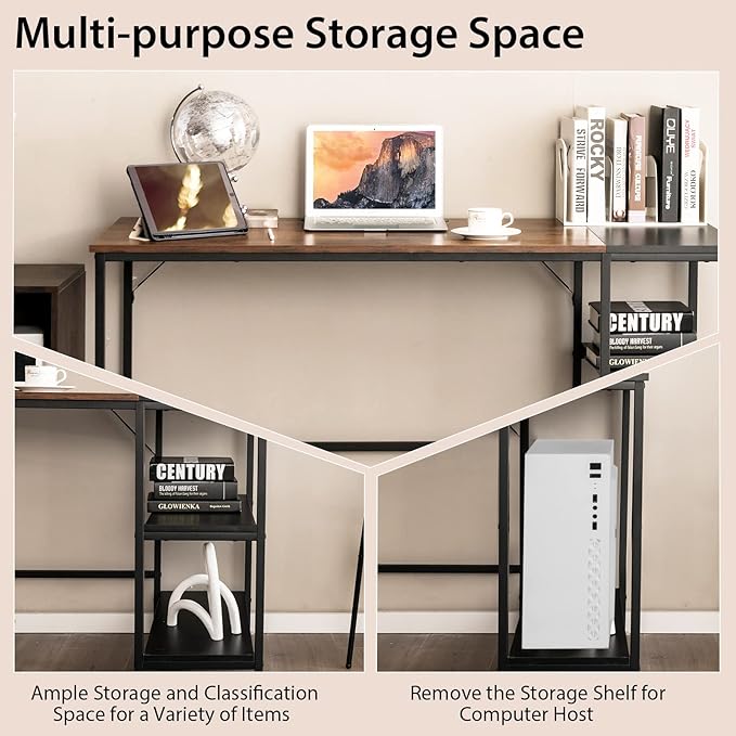 Multifunctional Computer Desk, Industrial Study Writing Desk w/Removable Storage Shelf, Heavy-Duty Metal Frame, 55 Inch Desk for Home Office, Gaming Room, Bedroom (Rustic Brown)