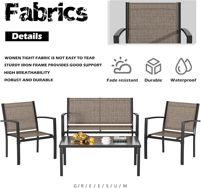 Greesum 4 Pieces Patio Furniture Set, Outdoor Conversation Sets for Patio, Lawn, Garden, Poolside with A Glass Coffee Table, Brown