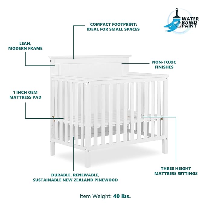 Ava 4-in-1 Convertible Mini Crib in White, Greenguard Gold Certified, Non-Toxic Finish, Comes with 1" Mattress Pad, with 3 Mattress Height Settings