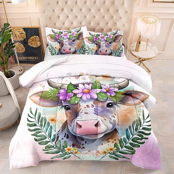 CVHOUSE Kawaii Cow Comforter Sets King for Girls Women,Kawaii Cow Bedding Sets California King Set,Cow Bedspread,Cow Duvet,Cow Bed Set,Cow Quilt Set 3 Pcs 1 Comforter and 2 Pillowcases