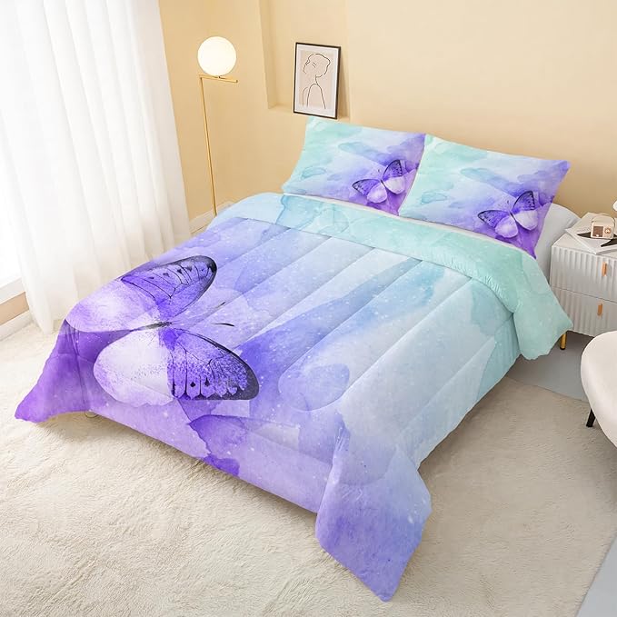 Butterfly Comforter Full Size,Watercolor Butterfly Kids Comforter Set,3Pcs Bedding Set Printed Comforter with 2 Pillowcases,Down Alternative,Soft and Lightweight,for All Seasons