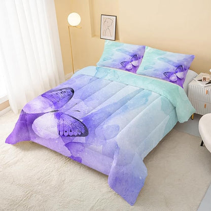 Butterfly Comforter Twin Size,Watercolor Butterfly Kids Comforter Set,3Pcs Bedding Set Printed Comforter with 2 Pillowcases,Down Alternative,Soft and Lightweight,for All Seasons