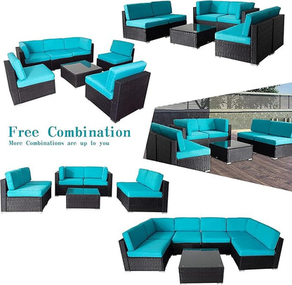 ClawsCover 14Pack Outdoor Seat and Back Cushions Replacement Covers Fit for 7Pieces 6-Seater Wicker Rattan Patio Furniture Set Sectional Couch Chair,Turquoise-Include Cover Only (Small)