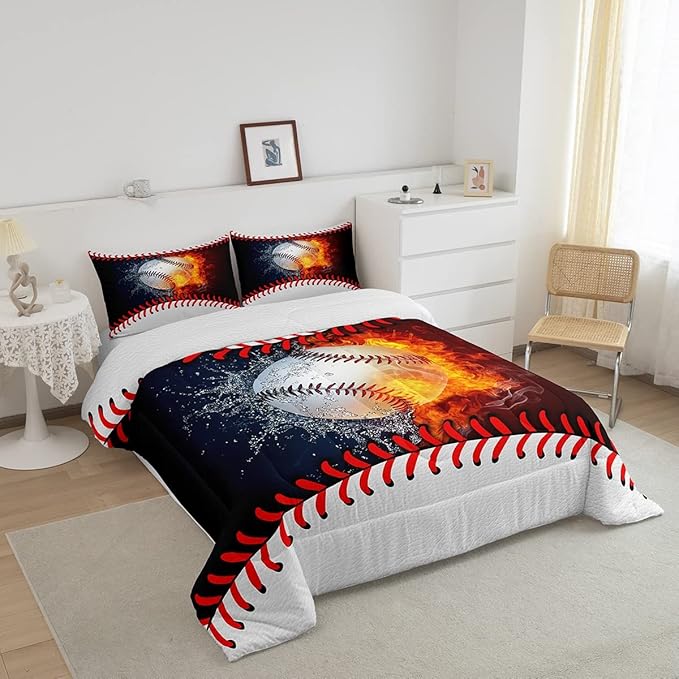 Erosebridal Baseball Comforter Set Kids Baseball Queen Bedding Set for Teen Boys Sports Games Bedding Comforter Sets Red Blue Water Fire Quilted Duvet Sport Theme Bedroom Dorm Decor 2 Pillowcases