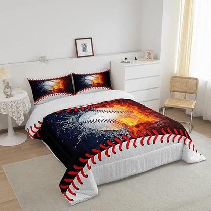 Erosebridal Baseball Comforter Set Kids Baseball Twin Bedding Set for Teen Boys Sports Games Bedding Comforter Sets Red Blue Water Fire Quilted Duvet Sport Theme Bedroom Dorm Decor 1 Pillowcase