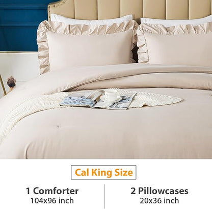 Andency California King Comforter Set Khaki (104x96Inch), 3 Pieces Cal King Ruffle Comforter, Oversized Farmhouse Shabby Chic Bed Comforter, Lighteweight and Soft Microfiber Bedding Set