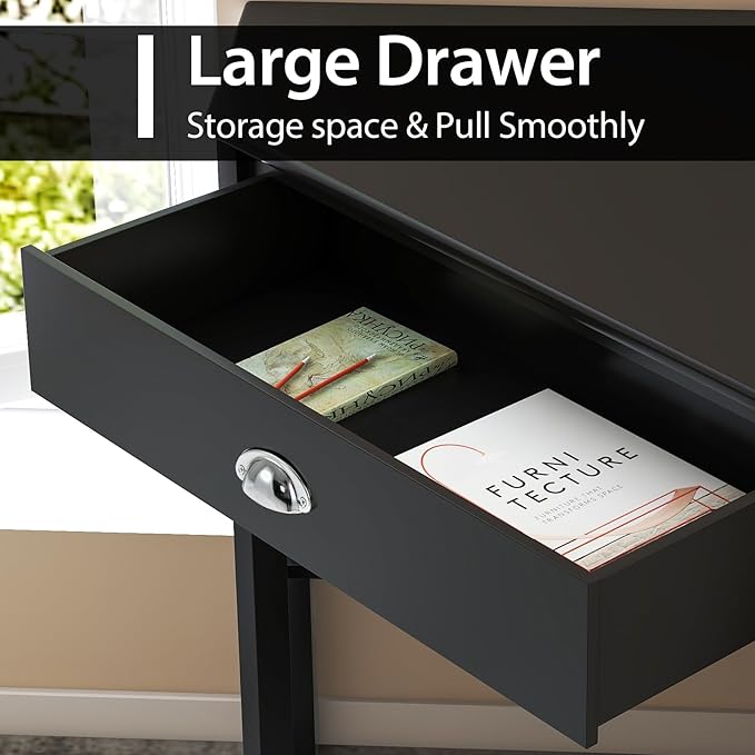 Nightcore Small, Wood Computer Desk, Compact Writing w/Drawer & Storage Shelves, Space Saving Study Workstation, Laptop PC Corner Table, Black