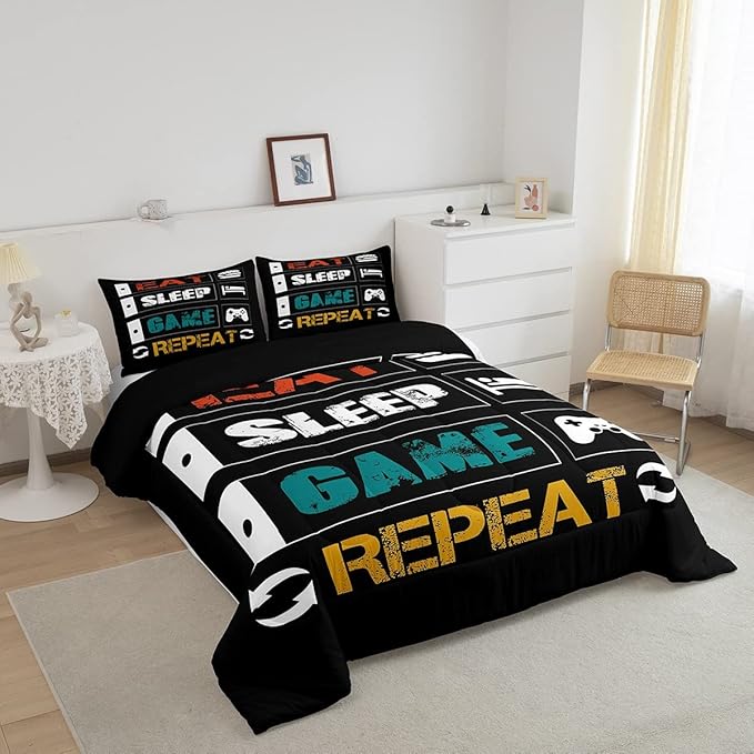 Gamer Comforter Sets for Boys King Size Gaming Bedding Set Teens Kids Games Controller Comforter Room Decor Funny Creative Eat Sleep Game Repeat Design Reversible Inner Fill Comforter for All Season