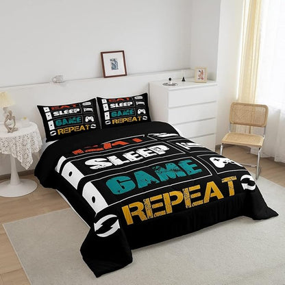 Boys Gaming Comforter Sets for Kids Twin Size Gamer Bedding Set Teens Video Games Comforter Duvet Room Decor Funny Creative Eat Sleep Game Repeat Design Reversible Inner Fill Quilt Set All Season