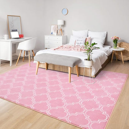 Chicrug Shag Geometric Modern Area Rug for Bedroom, 5x7 Feet Memory Foam Indoor Carpet, Fluffy Rug for Living Room Bedside Room Decor for Family Girls Kids Nursery Play Mat, Pink/White