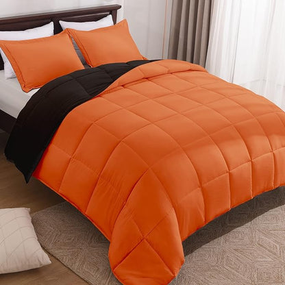Basic Beyond Queen Comforter Set - Fluffy Comforter Queen Set for All Seasons - Reversible Orange Comforter Set Queen for Mens - 3 Pieces (1 Comforter + 2 Pillow Shams) - Orange/Black