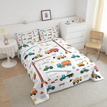 Feelyou Heavy Machinery Truck Bedding Set Tractor Crane Comforter Set for Kids Boys Girls Youth Construction Site Comforter Nursery Decor Quilt Set Room 3Pcs Queen Size