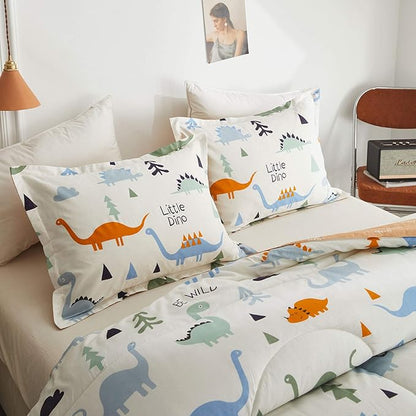 Joyreap 3pcs Cotton Comforter Set for Kids, Dinosaur Twin Size Cotton Bedding Comforter for Boys Girls, White n Orange Reversible Design, Soft n Cozy Comforter for All Season- 68x88 inches