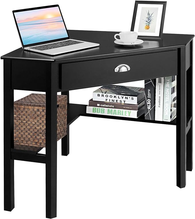 Nightcore Small, Wood Computer Desk, Compact Writing w/Drawer & Storage Shelves, Space Saving Study Workstation, Laptop PC Corner Table, Black