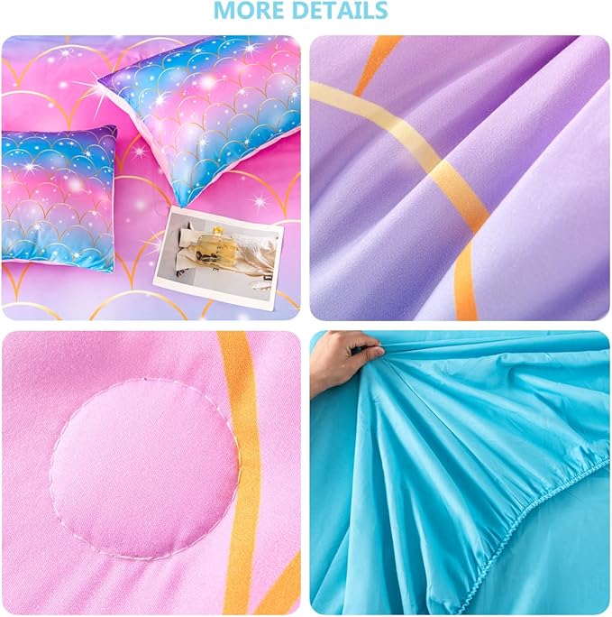 PERFEMET Pink Mermaid Comforter Set Full Size 6 Pieces Bed in A Bag Colorful Rainbow Bedding Set for Teens Girls 3D Sparkly Glitter Ombre Bed Set with Comforter and Sheets (Pink Mermaid, Full)