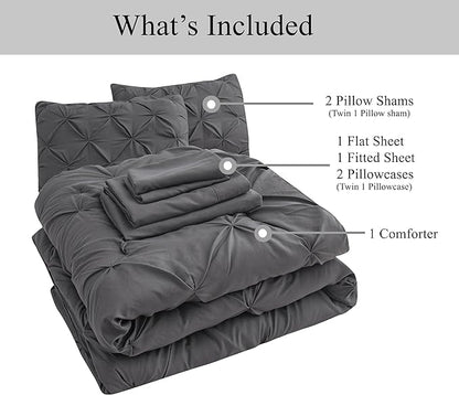LANE LINEN Queen Size Comforter Set, 7 Piece Bedding Queen Size, Pintuck Comforters Queen Size Bed Set, Soft Queen Bed in a Bag Set, Queen Bed Comforter Set with Sheets, Pillowcases & Shams - Grey