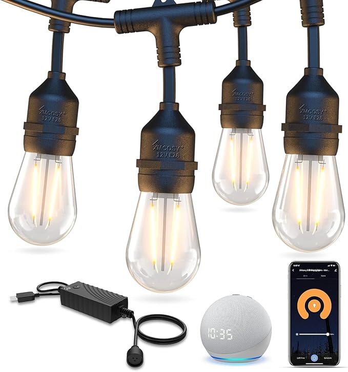 XMCOSY+ Outdoor String Lights, 98Ft Smart LED Patio Lights, WiFi Control, Compatible with Alexa, Waterproof Dimmable Edison String Lights for Outside, Porch
