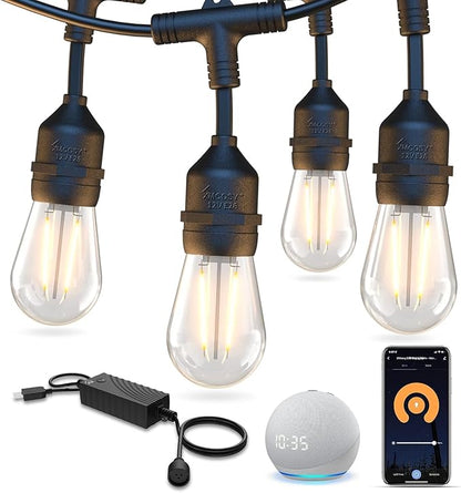 XMCOSY+ Outdoor String Lights, 98Ft Smart LED Patio Lights, WiFi Control, Compatible with Alexa, Waterproof Dimmable Edison String Lights for Outside, Porch