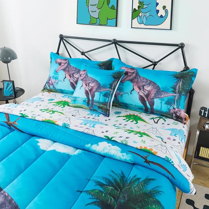 ADASMILE A & S Dinosaur Comforter Twin for Boys Dinosaur Twin Bedding Set for Kids 6 Pieces Dinosaur Comforter Set with Dinosaur Sheets Bed in A Bag T-Rex Dinosaur Comforter and Sheets Set Home Decor