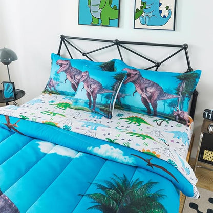 ADASMILE A & S Dinosaur Comforter Twin for Boys Dinosaur Twin Bedding Set for Kids 6 Pieces Dinosaur Comforter Set with Dinosaur Sheets Bed in A Bag T-Rex Dinosaur Comforter and Sheets Set Home Decor