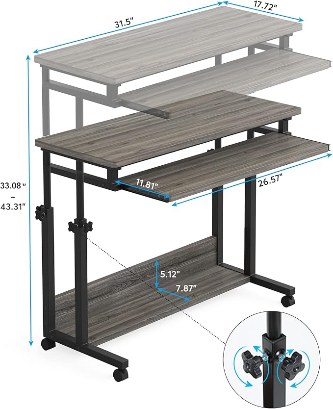 Tribesigns Portable Desk for Sofa and Bed, Height Adjustable Mobile Laptop Table Small Standing Desk Rolling Computer Cart with Keyboard Tray on Wheels for Home Office (Grey)