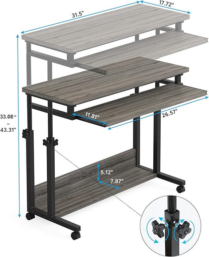 Tribesigns Portable Desk for Sofa and Bed, Height Adjustable Mobile Laptop Table Small Standing Desk Rolling Computer Cart with Keyboard Tray on Wheels for Home Office (Grey)