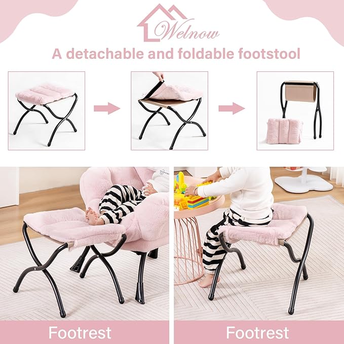 Welnow Toddler Kids Lazy Chair with Ottoman, Accent Comfy Lounge Children Armchair Couch with Armrest and Removable Cover, Detachable Reading Chair with Footrest for Boy or Girl, Plush Pink