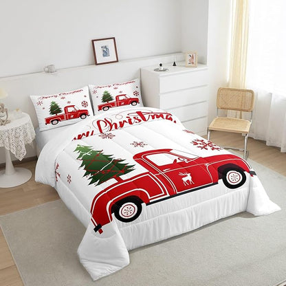 Christmas Truck Bedding Set King Size Christmas Tree Comforter Set Boys Girls Red Xmas Gift Snowflakes Bedding Comforter Sets for Teens Bedroom Decor Elk Deer Christmas Decorations Quilt Duvet Set