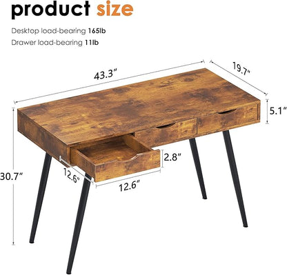 sogesfurniture Mid Century Writing Computer Desk with 3 Drawers, Makeup Vanity Table, 43.3'' Writing Study Desk for Home Office, Dressing Table, Rustic Brown
