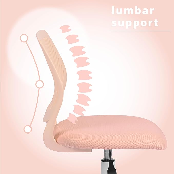 FurnitureR Teens Girls Task Chair 360 Swivel, Low Mid PP Mesh Back Fabric Seat, Height Adjustable, Rolling Castor, W15.7inces x D15.2inces x H29.5-34.2inches (Rose)