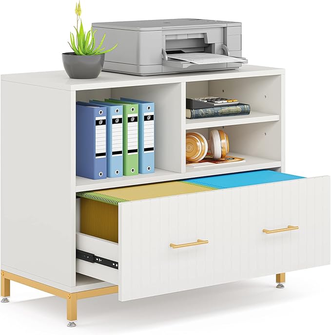 White Lateral File Cabinet with Drawer, 35.4" Modern Filing Cabinet with Adjustable Hanging Rod for Legal/Letter/A4 Size Files, Wood Printer Stand with Open Storage Spaces for Home Office