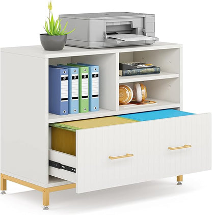 White Lateral File Cabinet with Drawer, 35.4" Modern Filing Cabinet with Adjustable Hanging Rod for Legal/Letter/A4 Size Files, Wood Printer Stand with Open Storage Spaces for Home Office