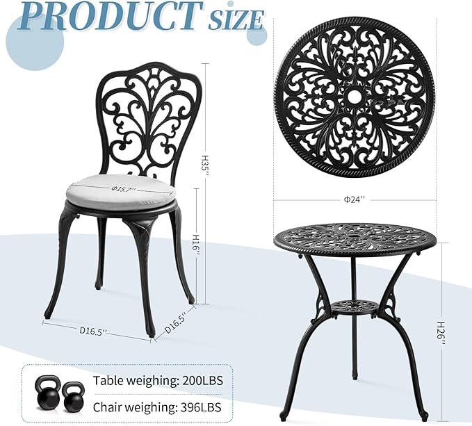 Patio Bistro Set 3 Piece Outdoor, All Weather Bistro Table and Chairs Set of 2 with Umbrella Hole, Outdoor Bistro Set with Cushions, Cast Aluminum Patio Furniture Set for Garden Porch