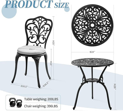 Patio Bistro Set 3 Piece Outdoor, All Weather Bistro Table and Chairs Set of 2 with Umbrella Hole, Outdoor Bistro Set with Cushions, Cast Aluminum Patio Furniture Set for Garden Porch