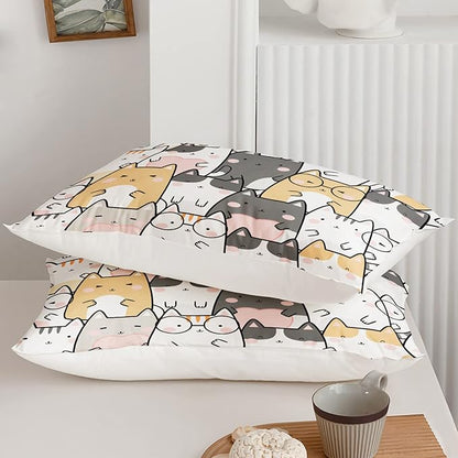 Kawaii Cat Comforter Twin Size,Cats Comforter Set for Kids Teens Girls Boys,3Pcs Bedding Set Printed Comforter with 2 Pillowcases,Down Alternative,Soft and Lightweight，Twin Size