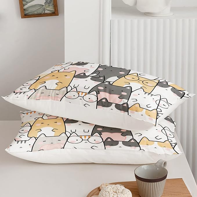 Kawaii Cat Comforter Full Size,Cats Comforter Set for Kids Teens Girls Boys,3Pcs Bedding Set Printed Comforter with 2 Pillowcases,Down Alternative,Soft and Lightweight，Full Size