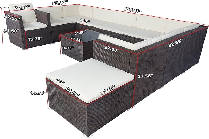 11 Pieces Outdoor Furniture Sofa, 10 Seater Patio Sectional Set with 3 Storage Box Under Seat Brown Wicker + White Cushion for Garden, Balcony, Poolside, Backyard, Zk-Beige
