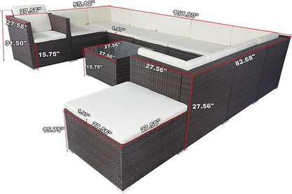 11 Pieces Outdoor Furniture Sofa, 10 Seater Patio Sectional Set with 3 Storage Box Under Seat Brown Wicker + White Cushion for Garden, Balcony, Poolside, Backyard, Zk-Beige