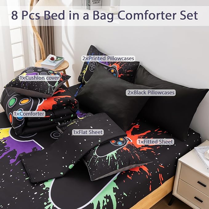 8Pcs Gamer Comforter Set with Sheets for Boys Girls Kids Teens, Colorful Graffiti Gaming Themed Bed in A Bag Full Size, Black 3D Video Game Controller Bedroom Decor Bedding Set-Black