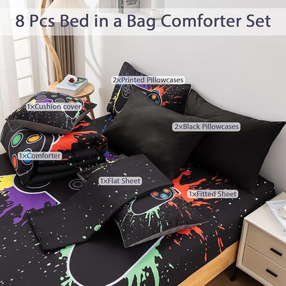8Pcs Gamer Comforter Set with Sheets for Boys Girls Kids Teens, Colorful Graffiti Gaming Themed Bed in A Bag Full Size, Black 3D Video Game Controller Bedroom Decor Bedding Set-Black