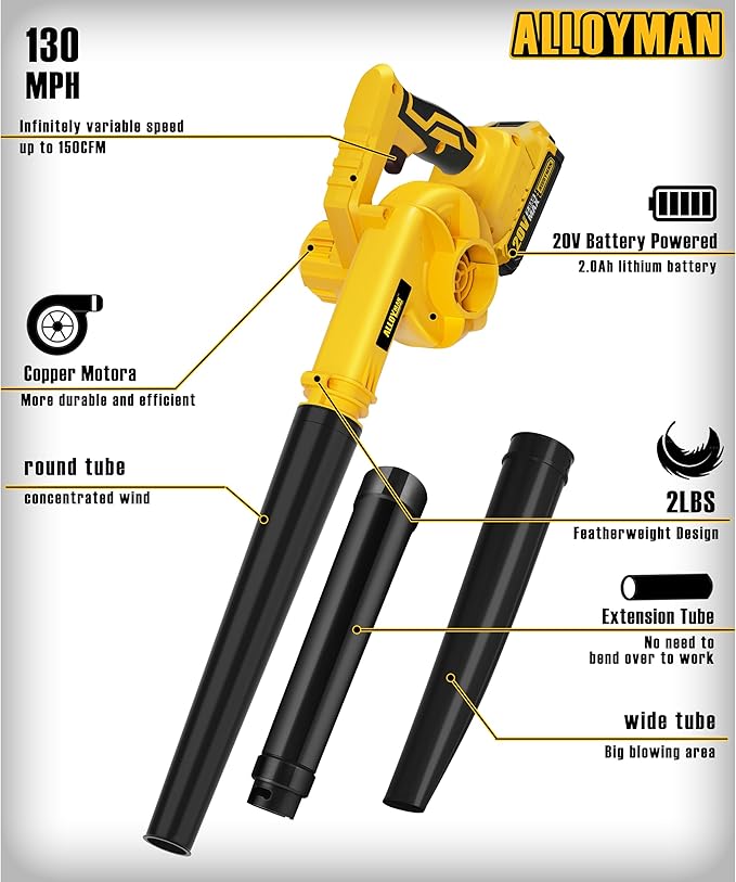 Alloyman Leaf Blower, 20V Cordless Leaf Blower, Leaf Blower Cordless with 2.0Ah Battery and Charger, Electric Leaf Blower for Yard Cleaning/Snow Blowing.