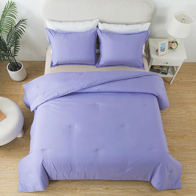 Lavender Purple Comforter Set King Size, Solid Luxury Skin-friendly Boho Bedding Set & Collections, Breathable Fluffy Microfiber 3 PCS (104"x90") Comforter Set for All Seasons